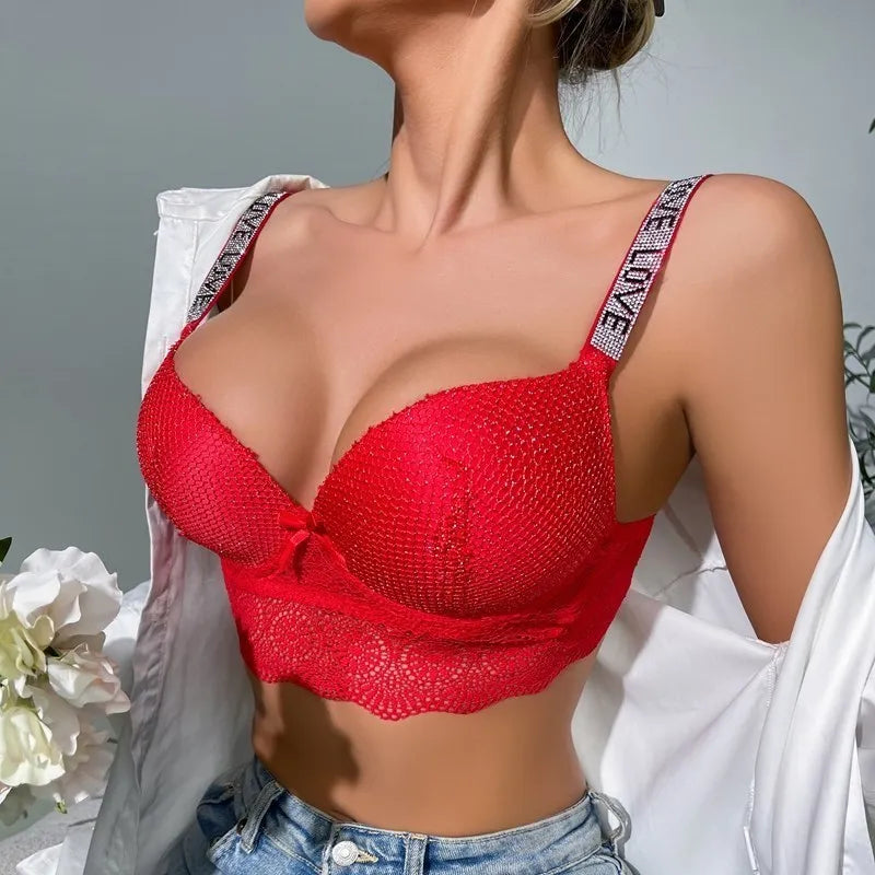 Beauwear Elegant Rhinestone Straps Scallop Trim Bra